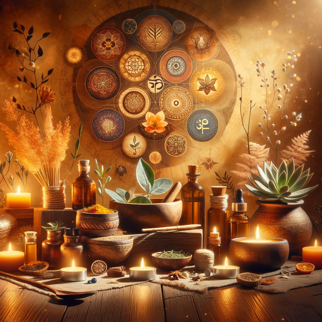 DALL·E 2023-11-23 13.07.45 - An uplifting Ayurveda-inspired image, reflecting the essence of holistic wellness and balance. The scene includes traditional Ayurvedic elements like