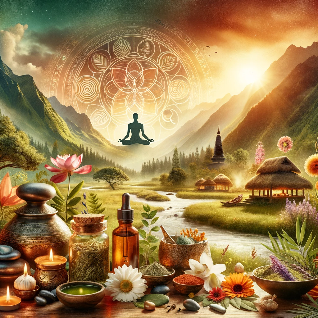 DALL·E 2023-11-23 13.09.36 - An image that beautifully embodies Ayurvedic philosophy, focusing on holistic health and balance. The scene is composed of elements like essential oil